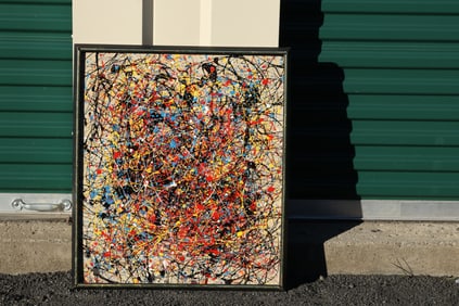 Thomas Pulgini Signed Abstract Drip Painting Multicolor Splatter on Beige Background Action Painting