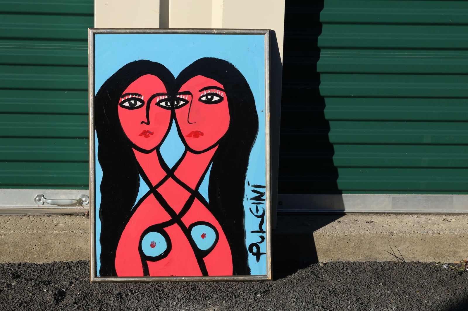 Thomas Pulgini Signed Painting of Two Intertwined Nude Women on Blue Background Modern Pop Art Style: All descriptions were generated using AI technology and have not been reviewed or verified by a human. All items are sold as-is, where-is. It is the buyer’s responsibility to preview, examine, and a