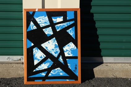 Thomas Pulgini Signed Abstract Geometric Painting with Black Angular Forms