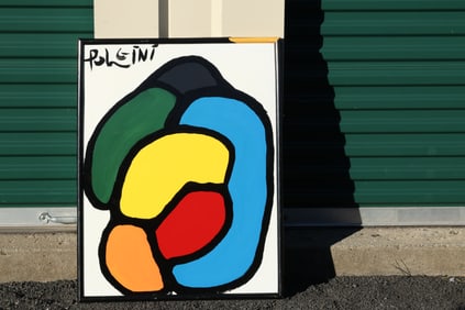 Thomas Pulgini Signed Abstract Color Field Painting with Bold Black Outlines Mid-Century Modern Styl