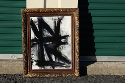 Thomas Pulgini Signed Abstract Expressionist Painting Black on White Kline Style