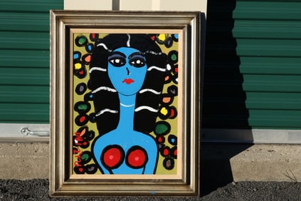 Thomas Pulgini Signed Nude Woman Painting with Patterned Background Pop Art