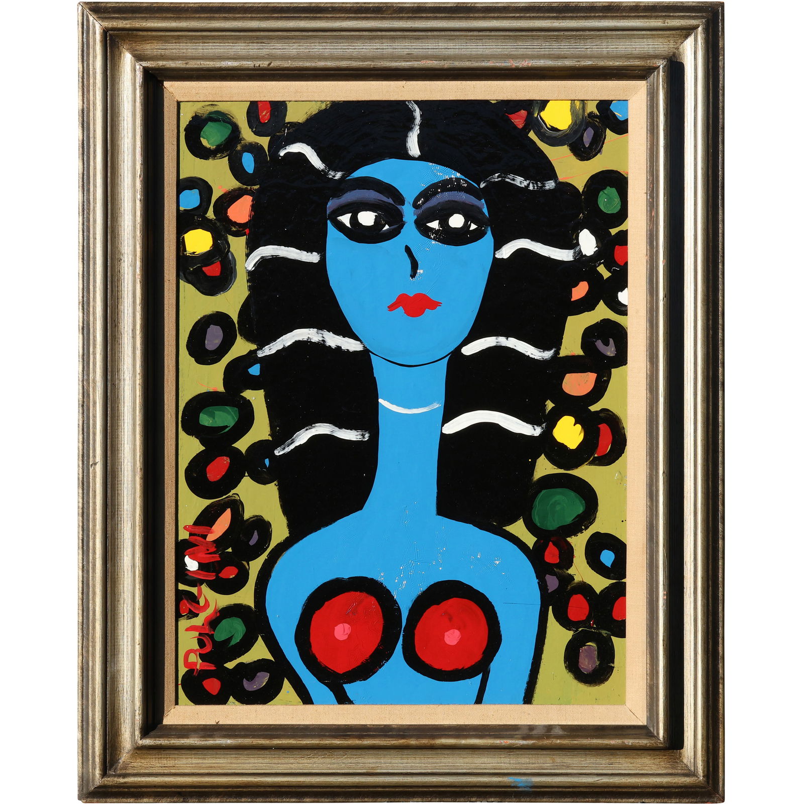 Thomas Pulgini Signed Nude Woman Painting with Patterned Background Pop Art: All descriptions were generated using AI technology and have not been reviewed or verified by a human. All items are sold as-is, where-is. It is the buyer’s responsibility to preview, examine, and a