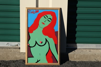 Thomas Pulgini Signed Green Nude Woman Painting with Red Hair Pop Art Modernist Style