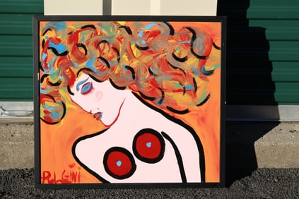 Thomas Pulgini Signed Curly Hair Nude Woman Painting Pop Art Expressionist Style
