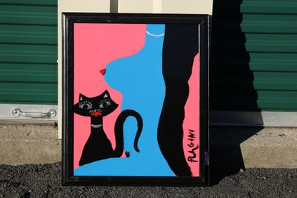 Thomas Pulgini Signed Nude Woman with Black Cat Painting Pop Art Modernist Style