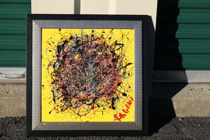 Thomas Pulgini Signed Splatter Abstract Painting on Yellow Background