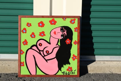 Thomas Pulgini Signed Nude Woman with Flowers Painting on Green Background