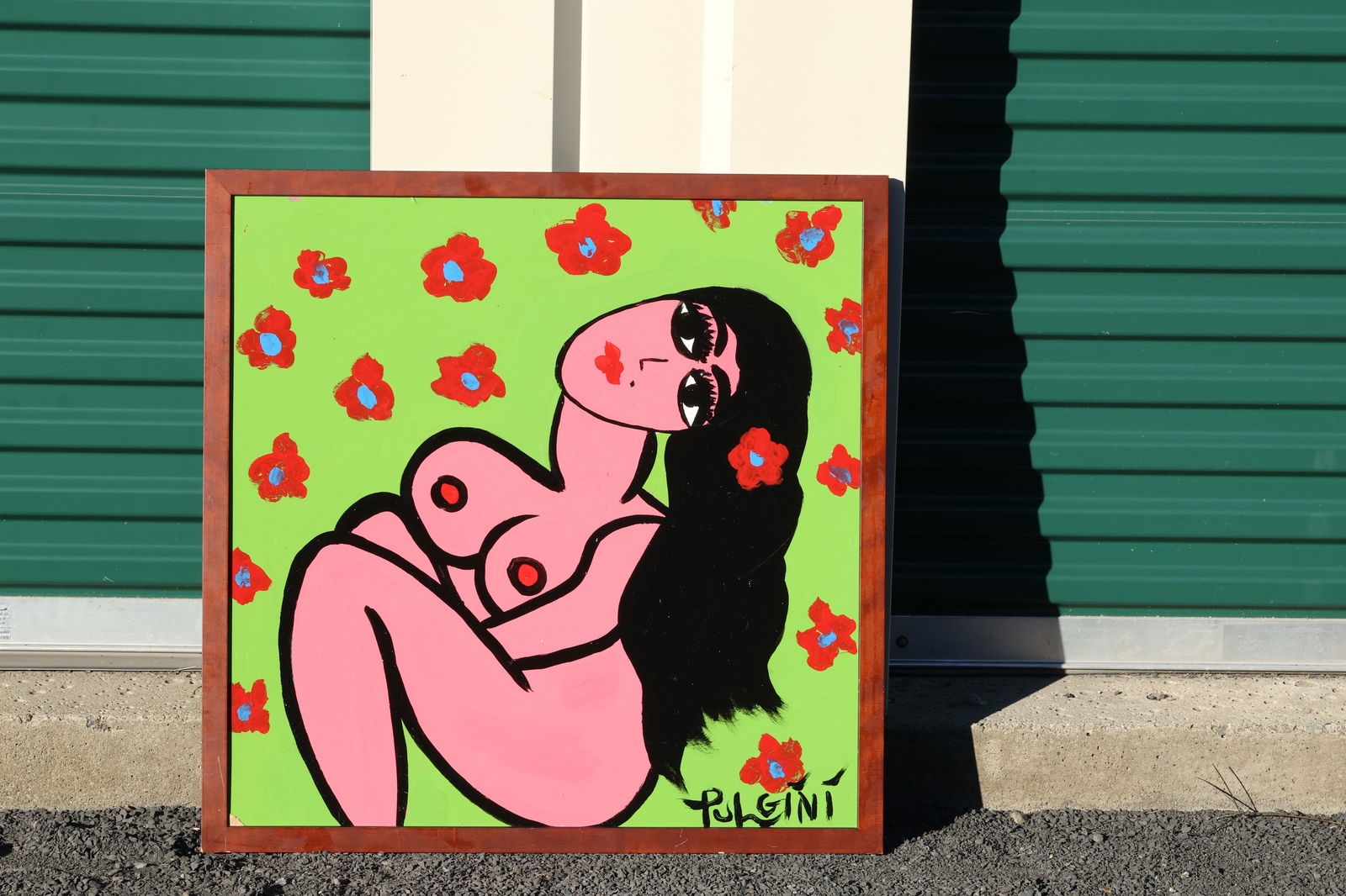 Thomas Pulgini Signed Nude Woman with Flowers Painting on Green Background: All descriptions were generated using AI technology and have not been reviewed or verified by a human. All items are sold as-is, where-is. It is the buyer’s responsibility to preview, examine, and a