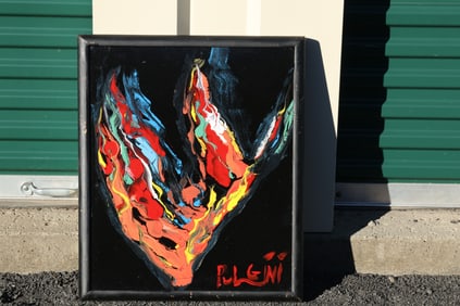 Thomas Pulgini Signed Abstract Flame Painting on Black Background