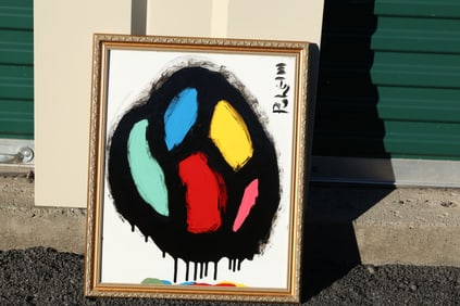 Thomas Pulgini Signed Abstract Color Field Painting with Dripping Black Circle