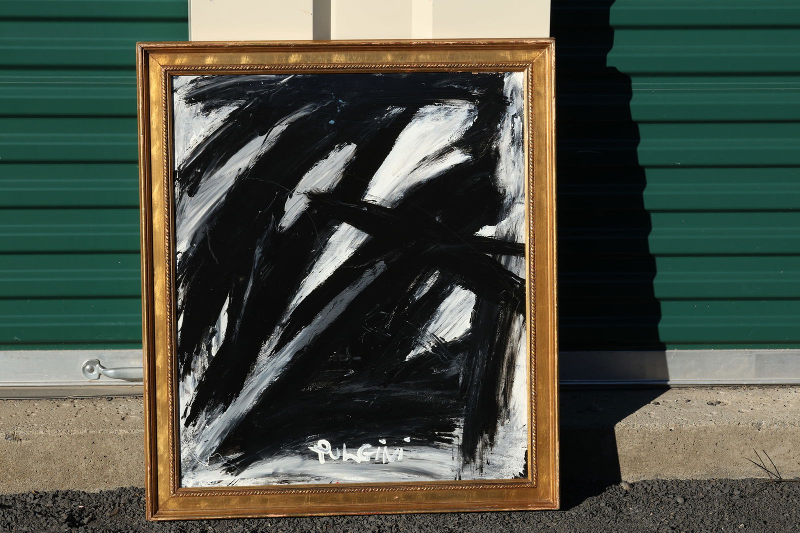 Thomas Pulgini Signed Black and White Abstract Expressionist Painting in the Style of Franz Kline: All descriptions were generated using AI technology and have not been reviewed or verified by a human. All items are sold as-is, where-is. It is the buyer’s responsibility to preview, examine, and a