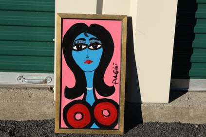 Thomas Pulgini Signed Pop Painting Blue Woman with Long Neck and Bold Red Forms