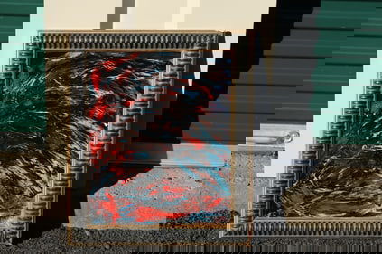 Thomas Pulgini Signed Abstract Painting  Red, Black, and Blue Swirl