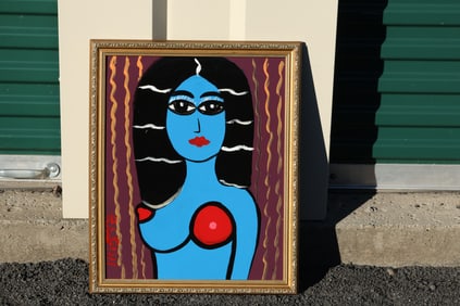 Tom Pulgini (b. 1965) – Blue Nude with Red Accents – Acrylic on Board