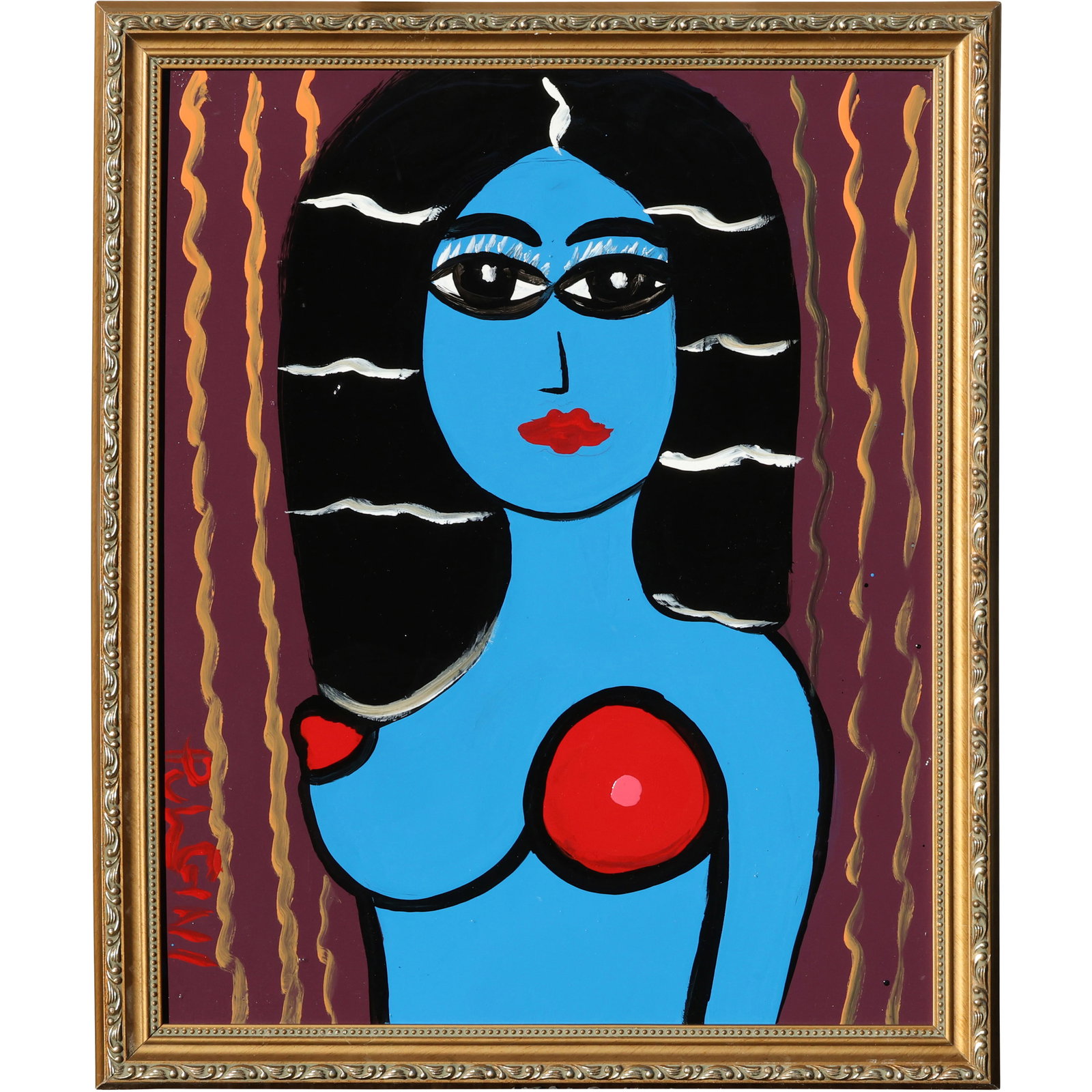 Tom Pulgini (b. 1965) – Blue Nude with Red Accents – Acrylic on Board: All descriptions were generated using AI technology and have not been reviewed or verified by a human. All items are sold as-is, where-is. It is the buyer’s responsibility to preview, examine, and a