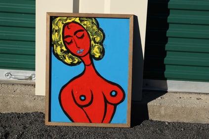 Tom Pulgini (b. 1965) – Red Nude with Blonde Hair – Acrylic on Board