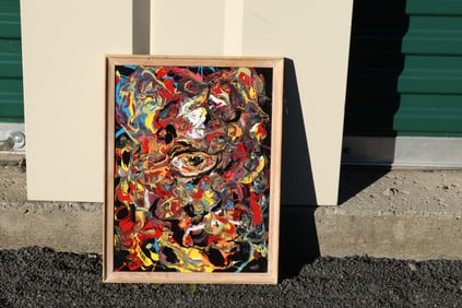 Tom Pulgini (b. 1965) – Abstract Face in Red and Yellow – Oil on Board