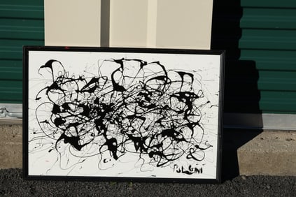 Tom Pulgini (b. 1965) — Black Drip Abstraction, Oil on Wood Panel