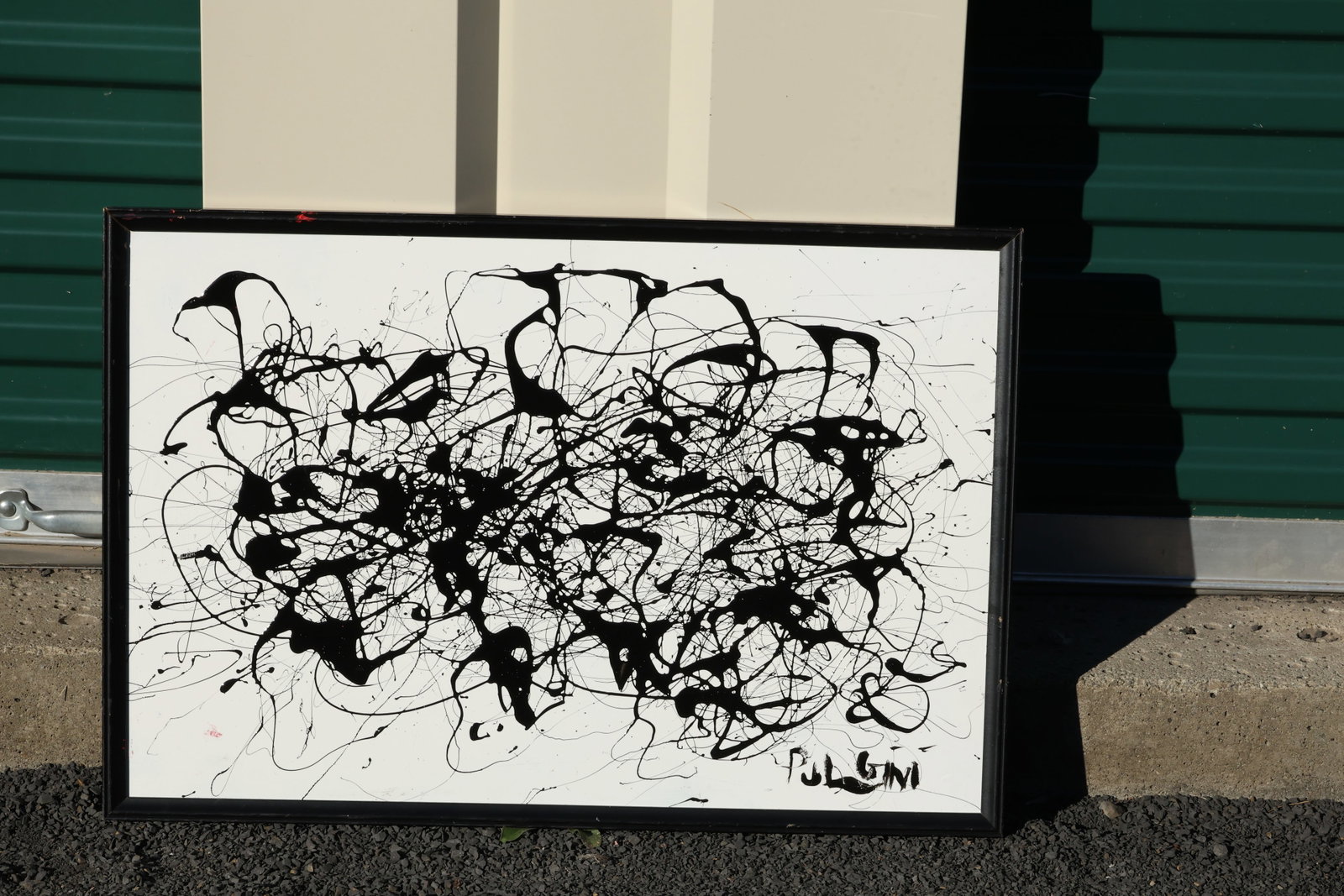 Tom Pulgini (b. 1965) — Black Drip Abstraction, Oil on Wood Panel: All descriptions were generated using AI technology and have not been reviewed or verified by a human. All items are sold as-is, where-is. It is the buyer’s responsibility to preview, examine, and a