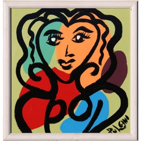 Tom Pulgini (b. 1965) — Modernist Female Portrait, Oil on Wood Panel