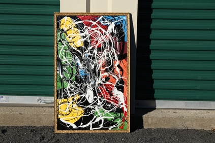 Tom Pulgini (b. 1965) — Multicolor Drip Abstraction, Oil on Wood Panel