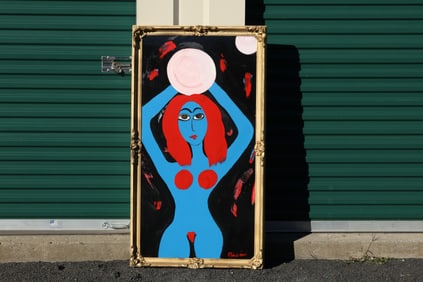 Tom Pulgini (b. 1965) — Blue Nude with Red Hair, Oil on Wood Panel