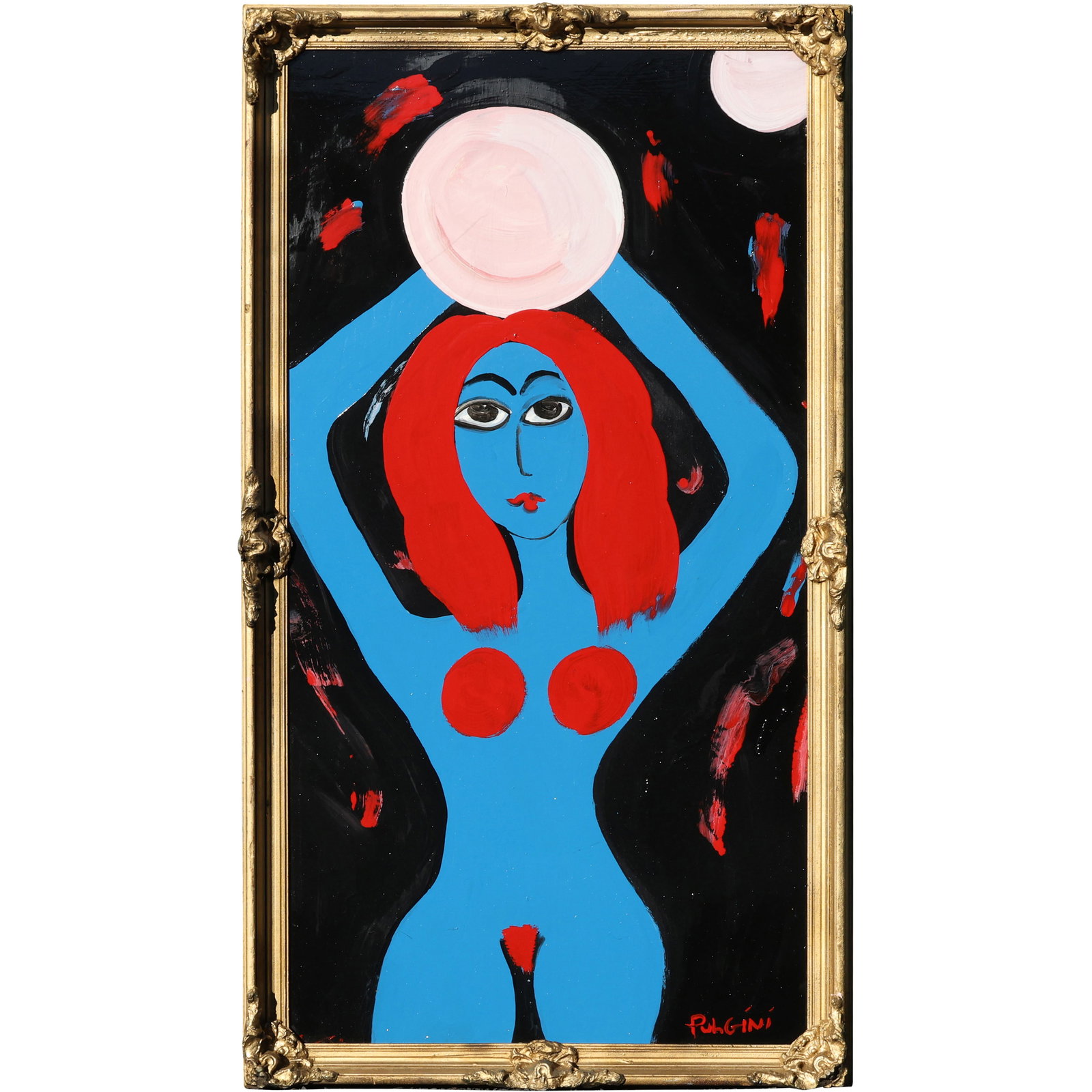 Tom Pulgini (b. 1965) — Blue Nude with Red Hair, Oil on Wood Panel: All descriptions were generated using AI technology and have not been reviewed or verified by a human. All items are sold as-is, where-is. It is the buyer’s responsibility to preview, examine, and a