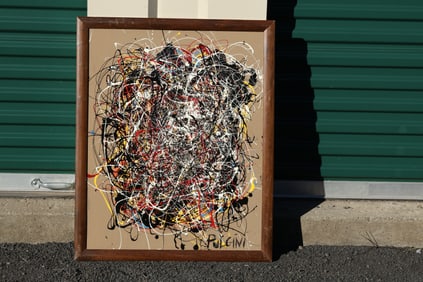 Tom Pulgini (b. 1965) — Multicolor Drip Abstraction on Taupe, Oil on Wood Panel