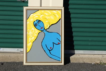 Tom Pulgini (b. 1965) — Blue Nude with Blonde Hair, Oil on Wood Panel