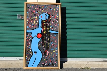 Tom Pulgini (b. 1965) — Blue Nude with Red Circle, Oil on Board