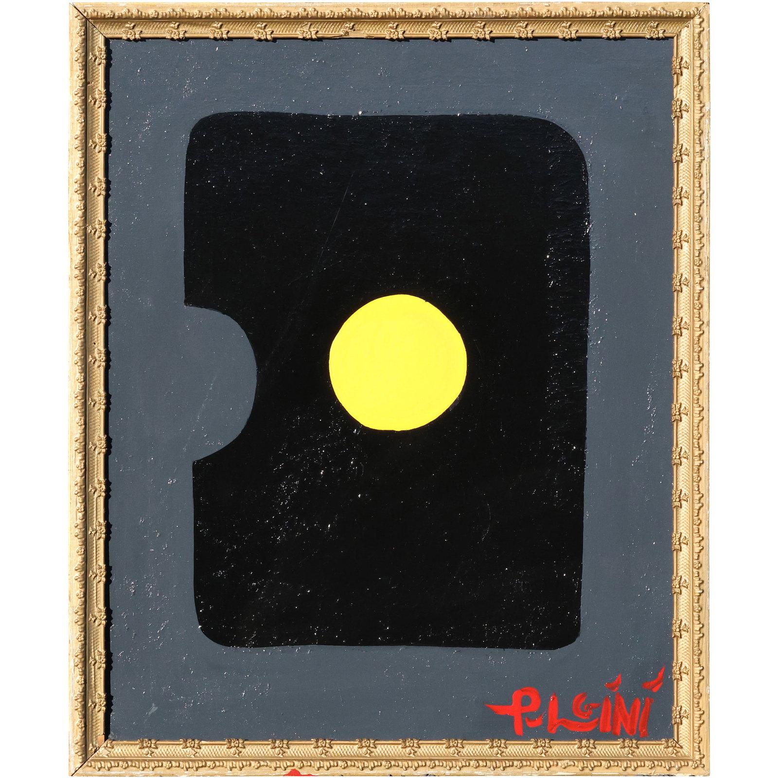 Tom Pulgini (b. 1965) — Yellow Circle on Black Field, Oil on Board: All descriptions were generated using AI technology and have not been reviewed or verified by a human. All items are sold as-is, where-is. It is the buyer’s responsibility to preview, examine, and a