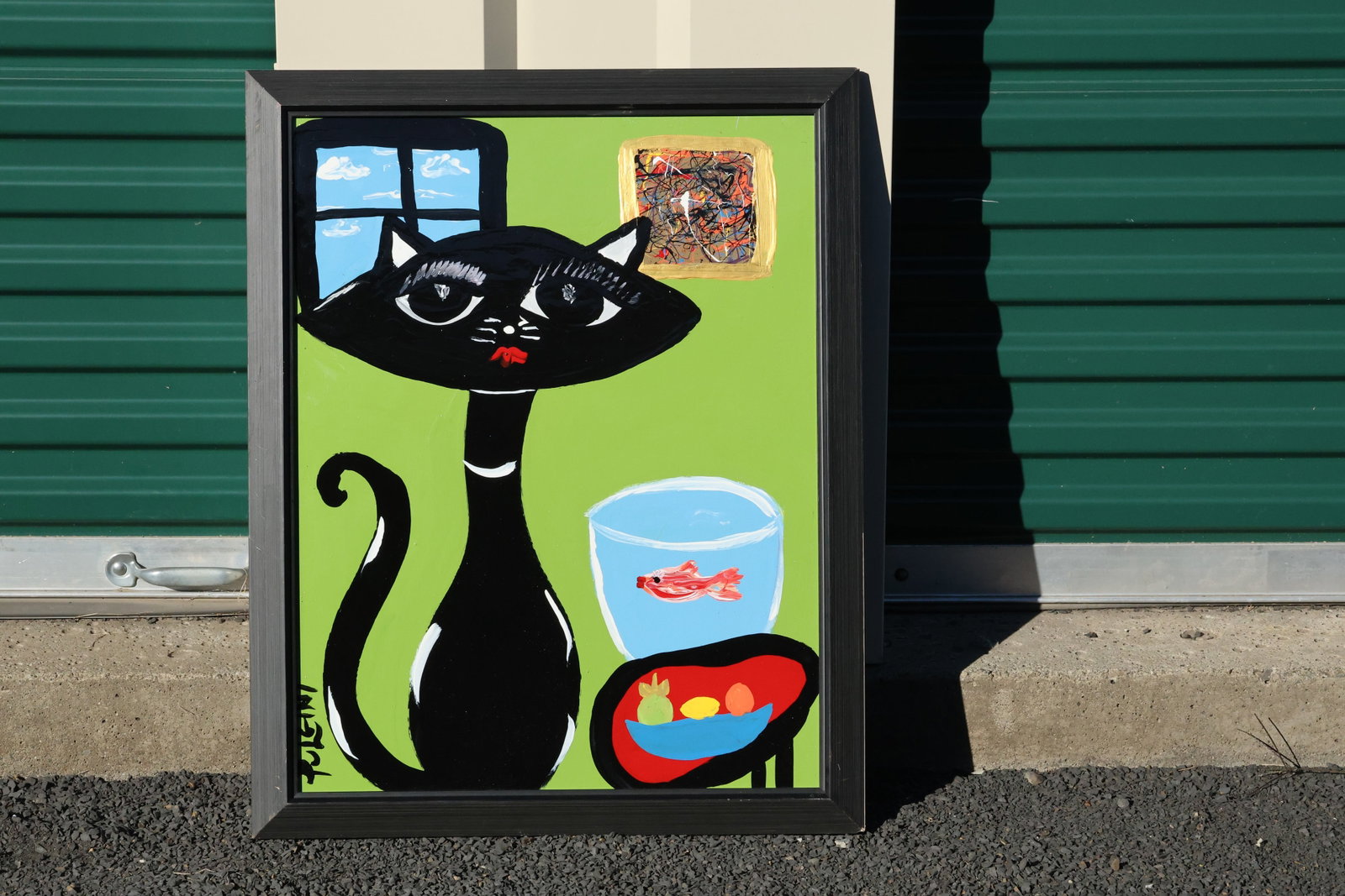 Tom Pulgini (b. 1965) — Black Cat and Goldfish, Oil on Board: All descriptions were generated using AI technology and have not been reviewed or verified by a human. All items are sold as-is, where-is. It is the buyer’s responsibility to preview, examine, and a