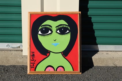 Tom Pulgini (b. 1965) — Green Woman on Red, Oil on Board