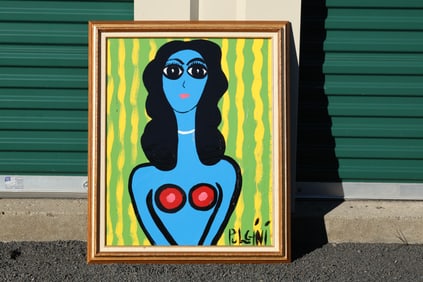 Tom Pulgini (b. 1965) — Blue Woman with Yellow Stripes, Oil on Board