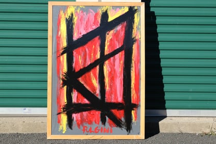 Tom Pulgini (b. 1965) — Black Structure on Red and Yellow, Oil on Board