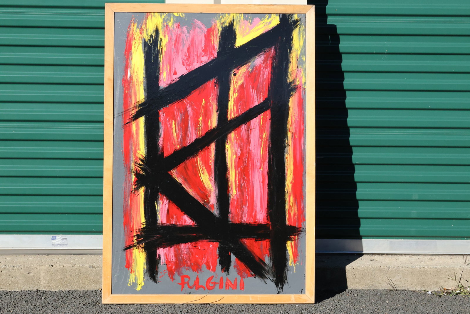 Tom Pulgini (b. 1965) — Black Structure on Red and Yellow, Oil on Board: All descriptions were generated using AI technology and have not been reviewed or verified by a human. All items are sold as-is, where-is. It is the buyer’s responsibility to preview, examine, and a
