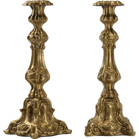 Pair of Ornate Rococo Revival Style Brass Candlesticks 12 inches height