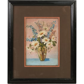 Oil Painting bouquet of white daisies (marguerites) and blue/purple larkspur in a glass vase.