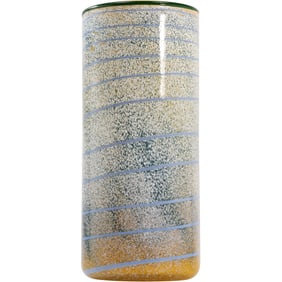 Blue Speckled Art Glass Cylindrical Vase with Swirl Lines 9 inches height x 4 in. dia.