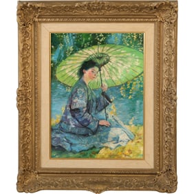 American School; Impressionist Oil "The Parasol"