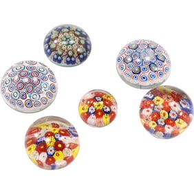 Group of Six Millefiori Art Glass Paperweights