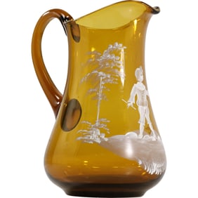 Mary Gregory Style Amber Glass Pitcher with Enamel Decoration