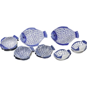 Set of 14 Blue and White Fish-Shaped Ceramic Dishes