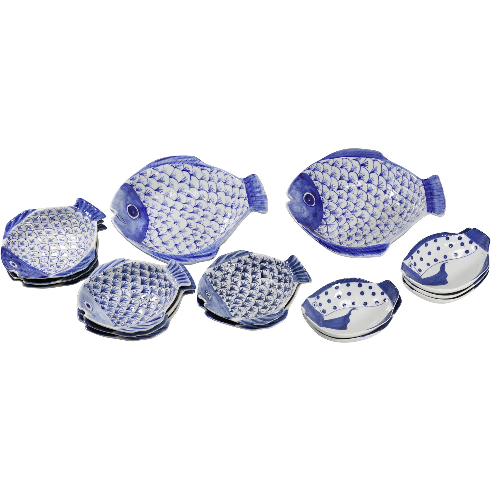 Set of 14 Blue and White Fish-Shaped Ceramic Dishes (1 of 19)