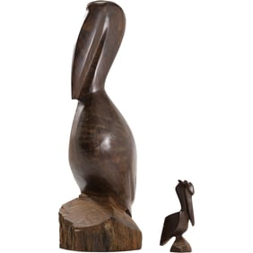 Pair of Mid-Century Modern Carved Wooden Pelican Sculptures