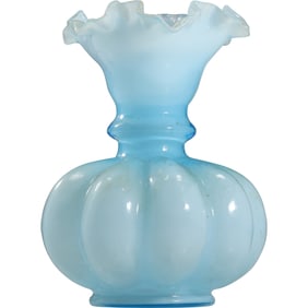 Light Blue Cased Glass Melon Vase with Ruffled Rim in the Style of Fenton