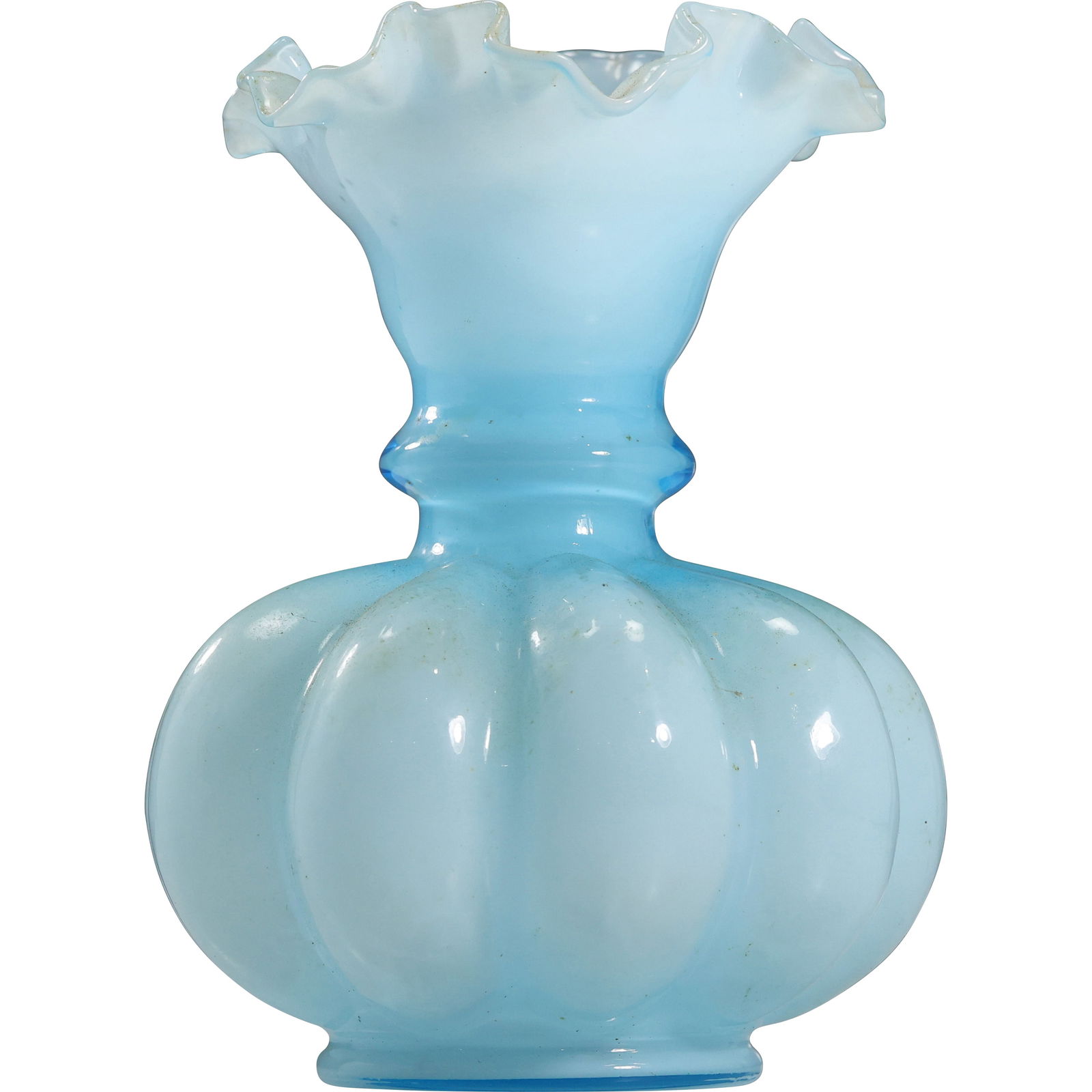 Light Blue Cased Glass Melon Vase with Ruffled Rim in the Style of Fenton (1 of 11)