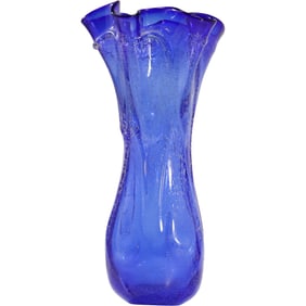 Tall Hand-Blown Cobalt Blue Art Glass Vase with Ruffled Rim