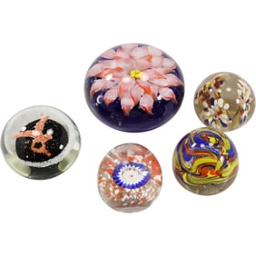Group of 5 Art Glass Paperweights Including Millefiori and Floral Designs